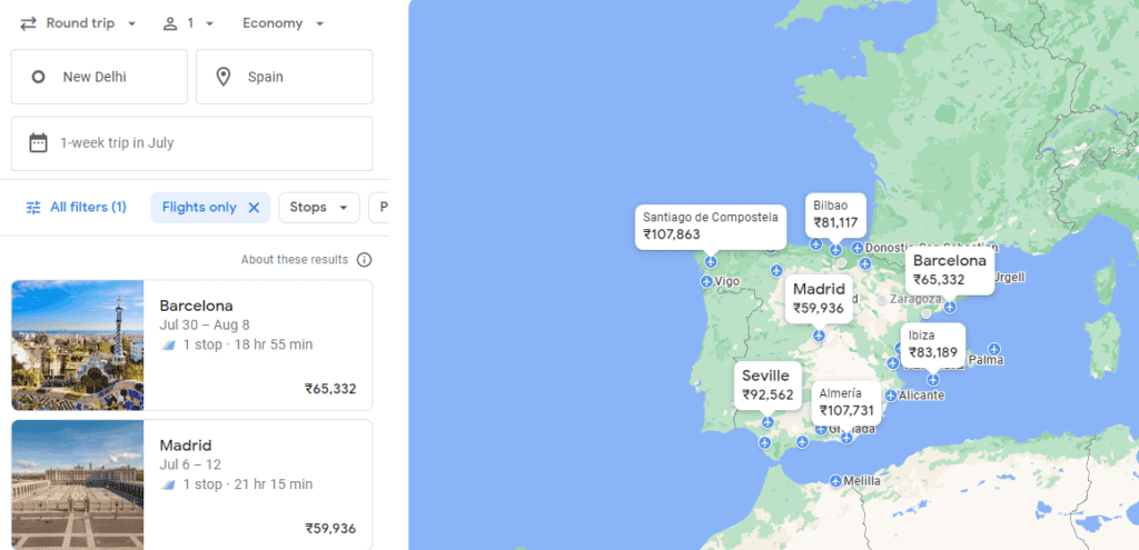 Explore Country with Google Flights (Spain)