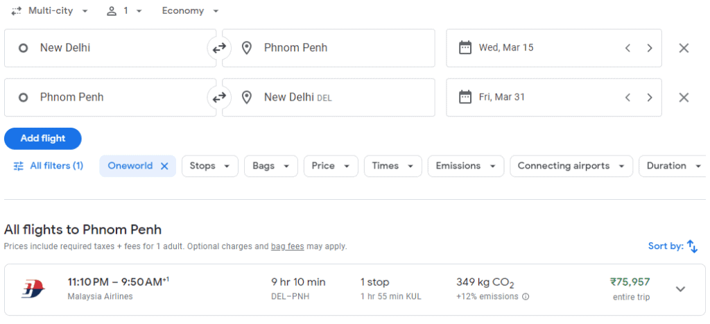 Google Flights OneWorld Alliance