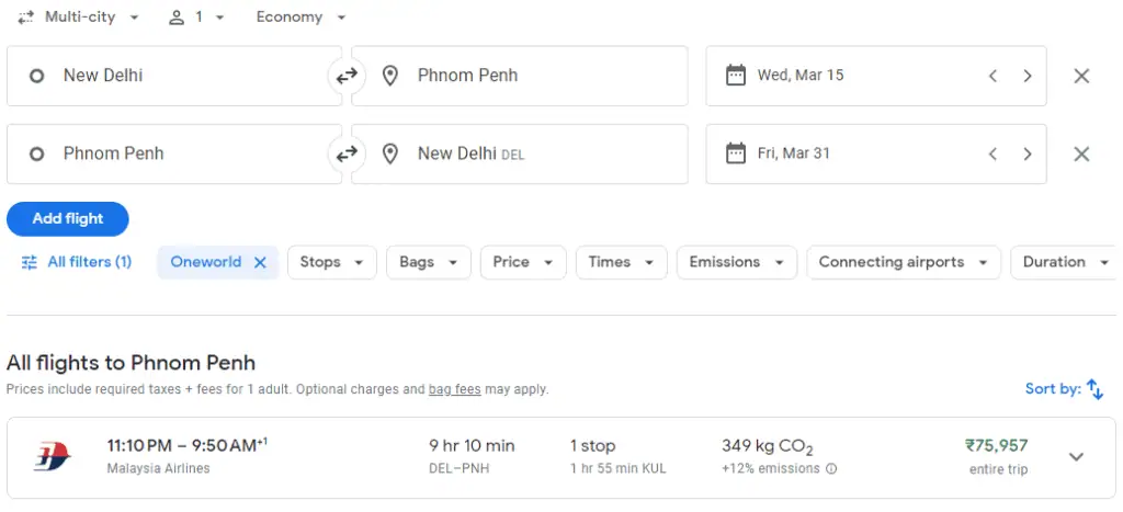 Google Flights OneWorld Alliance