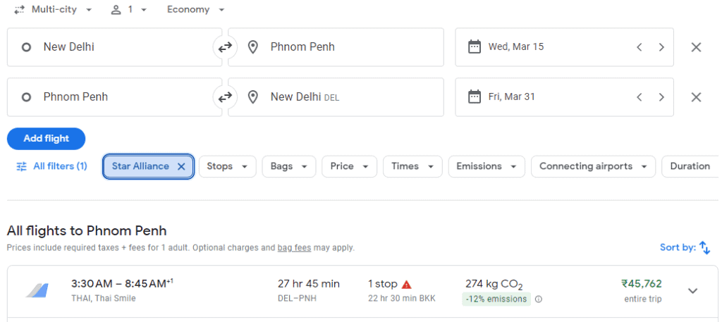 Google Flights Star Alliance Results