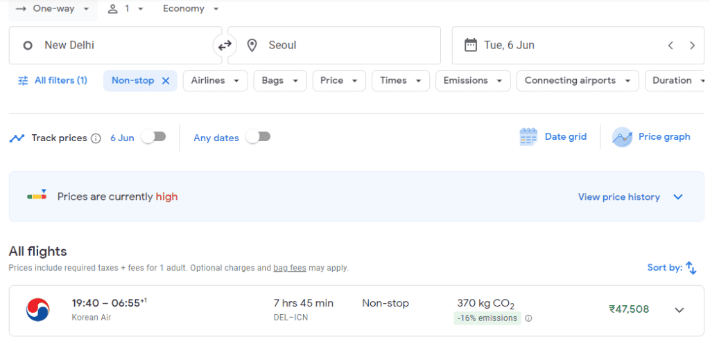 Flight Cost Delhi to Seoul