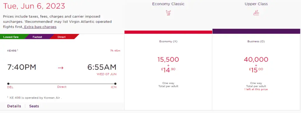 Virgin Atlantic Delhi to Seoul Air Miles Buy