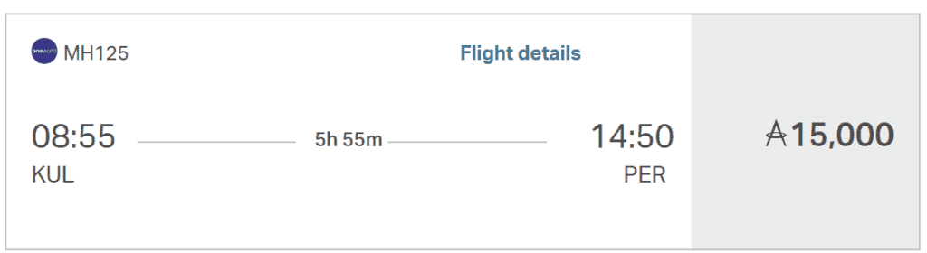 KUL-PER on Malaysia Airlines with 15K Asia Miles (Economy)