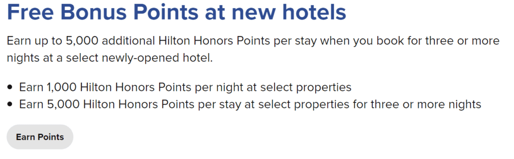 Hilton Honor Bonus Points at New Hotels