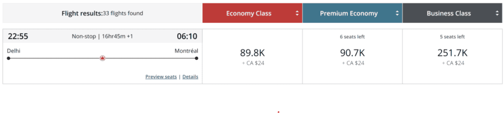 Air Canada Delhi to Montreal