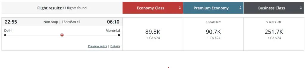 Air Canada Delhi to Montreal