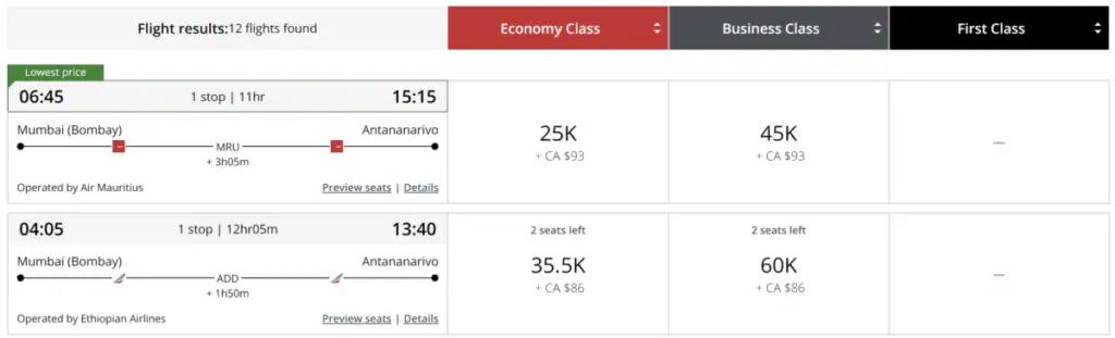 Mumbai to Madagascar with Aeroplan Points