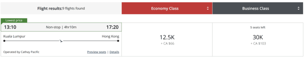 Kuala Lumpur to Hong Kong on Cathay Pacific with Aeroplan Points