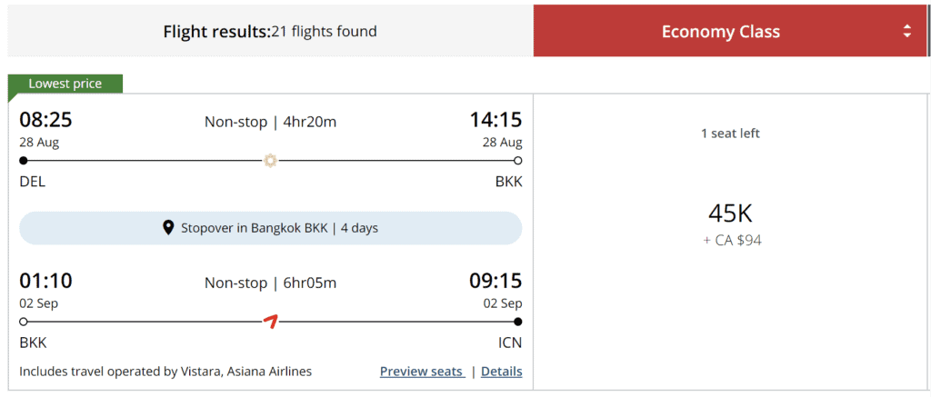 Delhi to Seoul via Bangkok with Aeroplan Points and Stopover