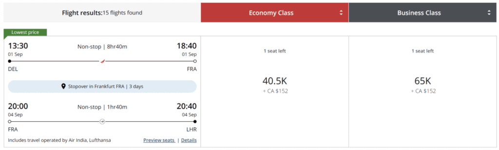 Delhi to London via Frankfurt with Aeroplan Points and Stopover