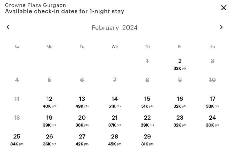 IHG Points Calender