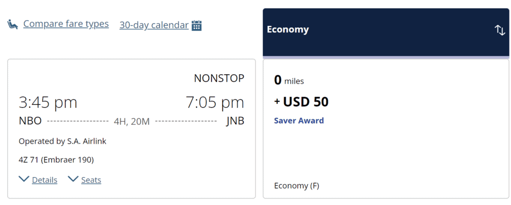 Nairobi to Johannesburg with United Miles 