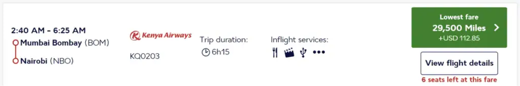 BOM to NBO in Kenya Airways Economy Class