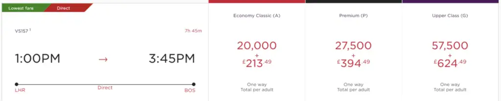 LHR-BOS with Virgin Points Peak Season