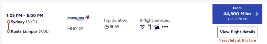 SYD-KUL Malyasia Airlines with flying blue miles