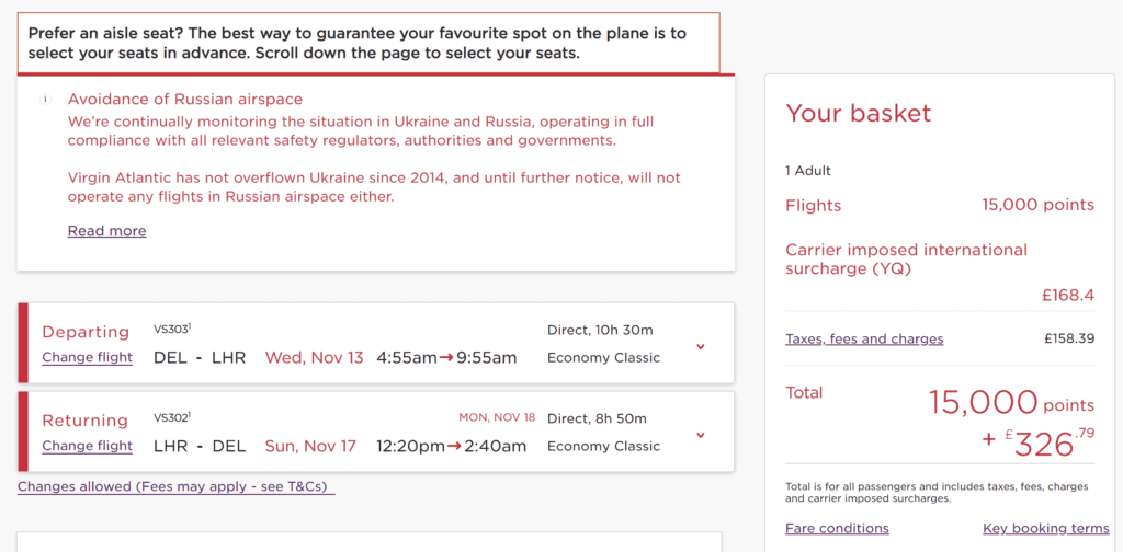 DEL-LHR Virgin Atlantic Award Sale Price