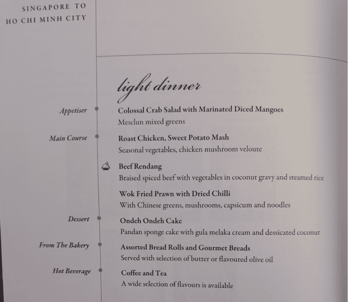 Singapore Airlines A350 SIN-SGN Menu