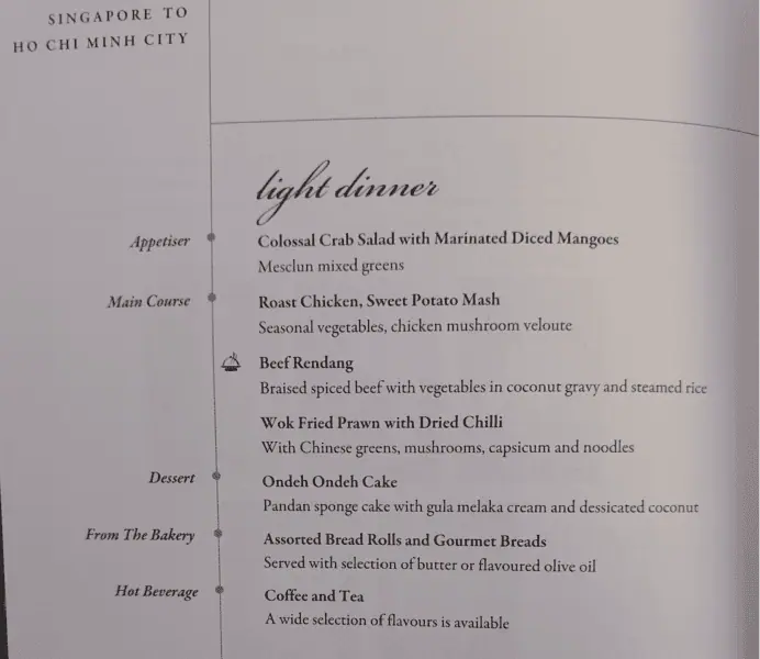 Singapore Airlines A350 SIN-SGN Menu