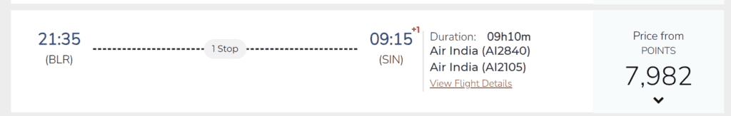 BLR-SIN with Air India Flying Return Points (Connecting)