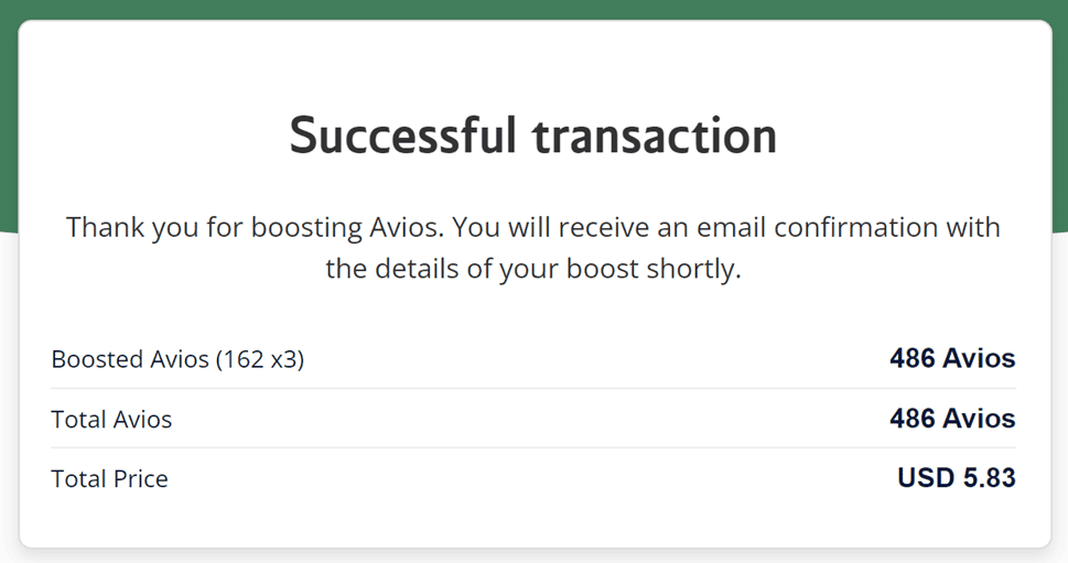 Step5: Avios Balance Booster Transaction Sucessful