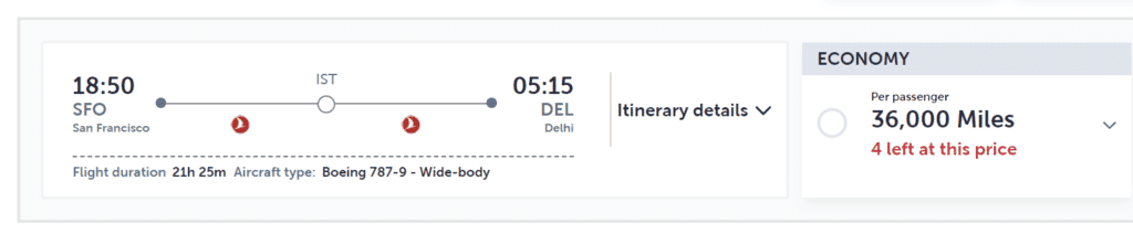 SFO-DEL Award Discount with Turkish Miles