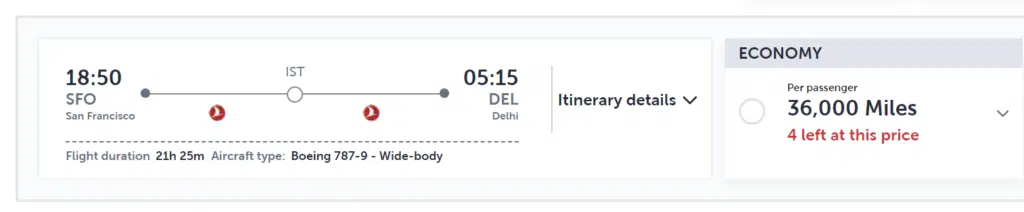 SFO-DEL Award Discount with Turkish Miles