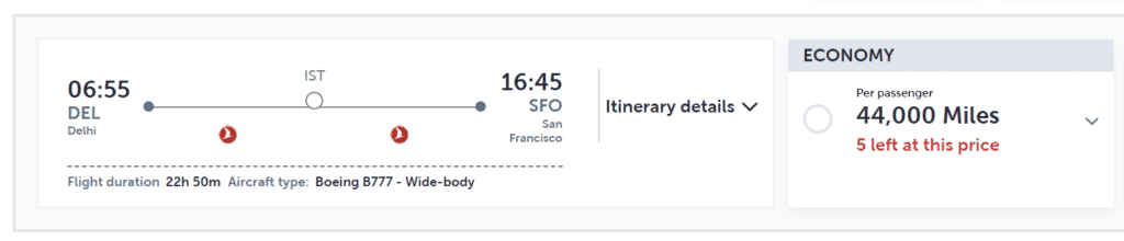 DEL-SFO Award Discount with Turkish Miles