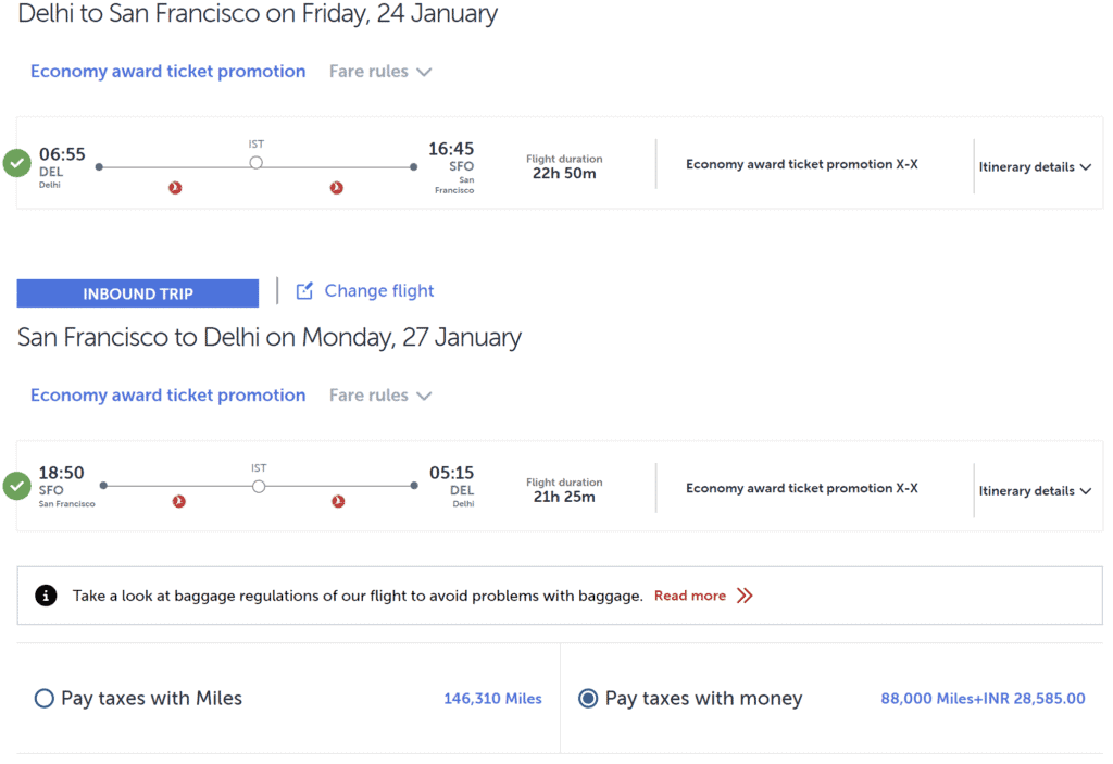 DEL-SFO Round Trip Award Discount with Turkish Miles