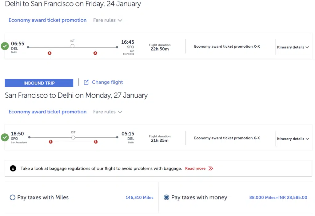 DEL-SFO Round Trip Award Discount with Turkish Miles