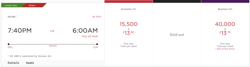 DEL-ICN Korean Air Business Class with Virgin Points