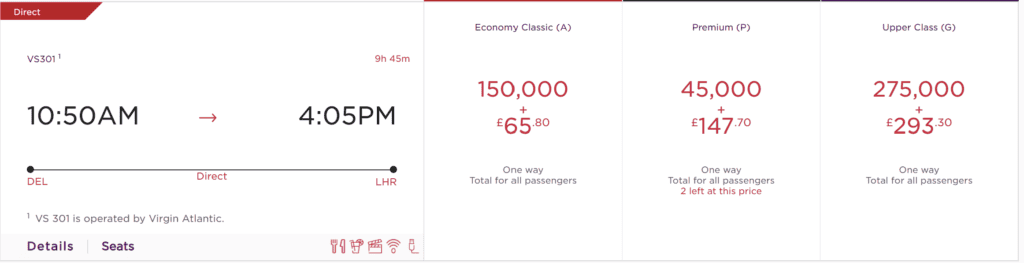 Virgin Atlantic New Award Flight Mileage