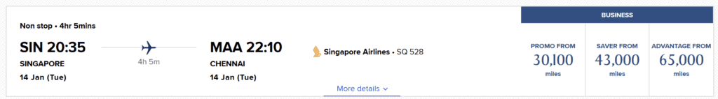 Singapore to Chennai [Business Class in 30K Miles]