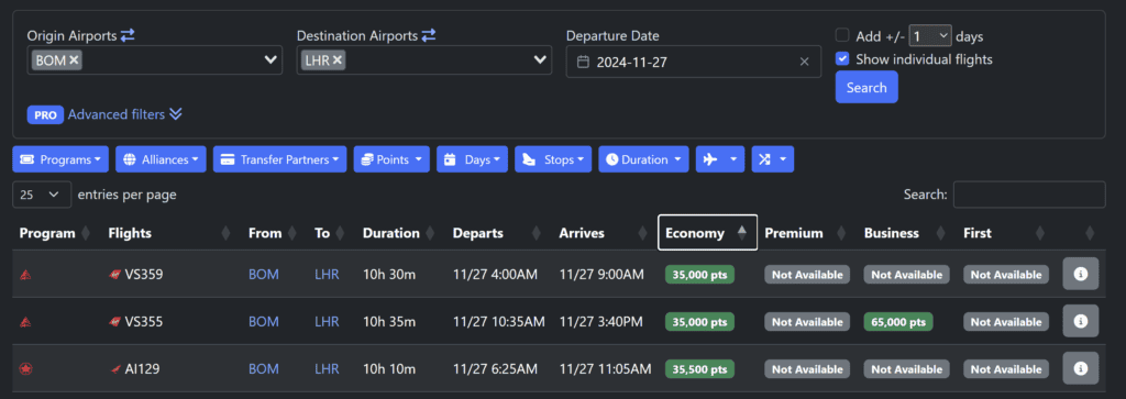 Seats.Aero Search Results with flight number, duration and timing.