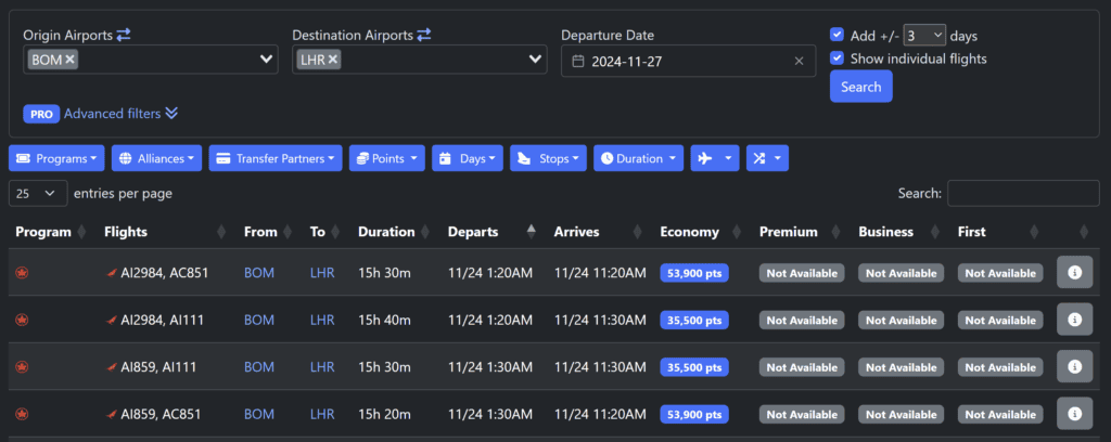 Seats.Aero Search Results with flexible days