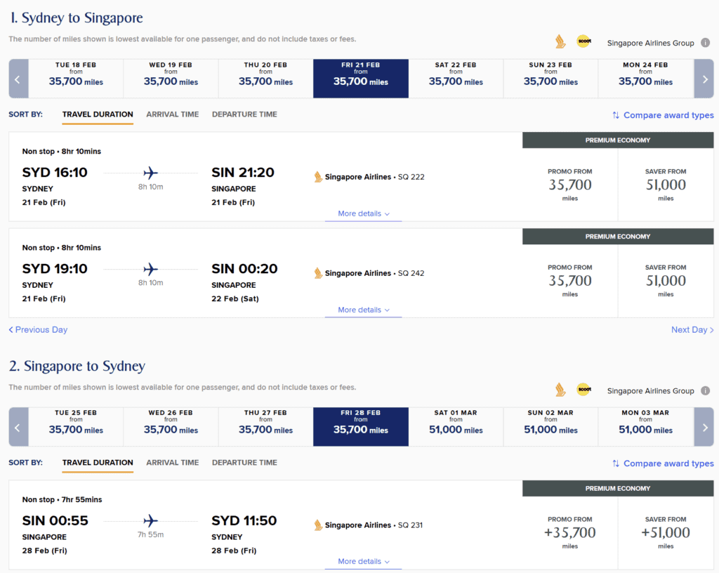 SYD-SIN Business Class in 70K Miles