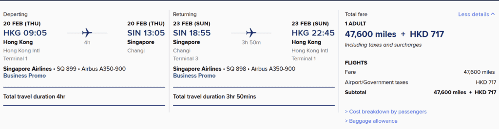 HKG-SIN 47600 Krisflyer Miles for Singapore Airlines Business Class Round Trip Flight