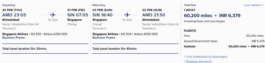 AMD-SIN 60200 Krisflyer Miles for Singapore Airlines Business Class Round Trip Flight