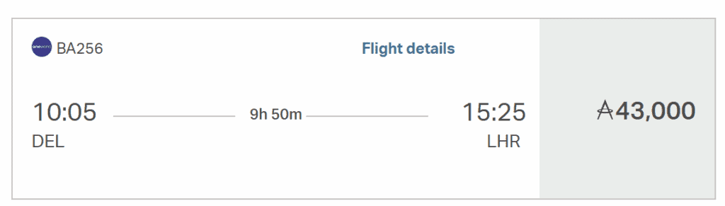DEL-LHR on British Airways with 43K Asia Miles (PE)