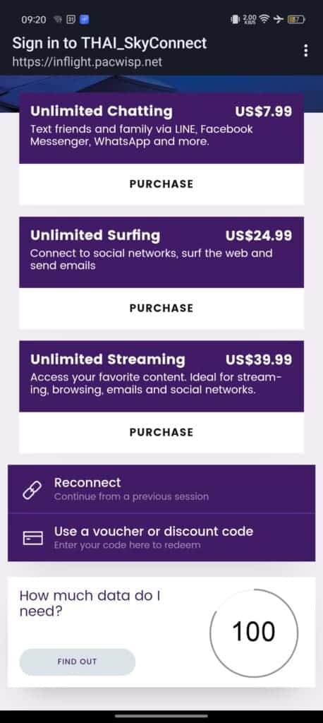 Thai Airways Wi-Fi Prices