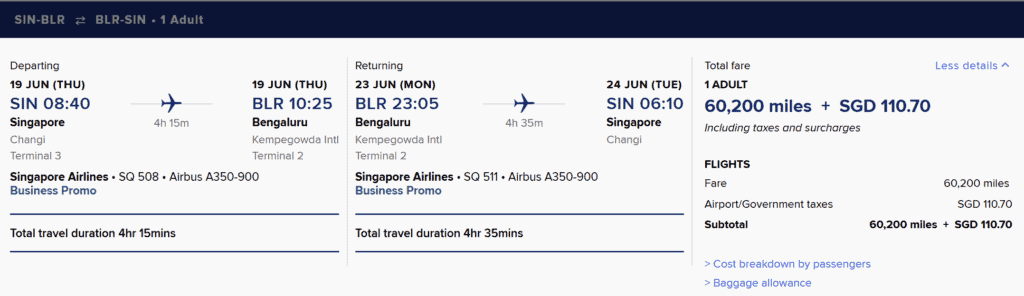 BLR-SIN Business Class 60200 Round Trip KrisFlyer Spontaneous Escapes