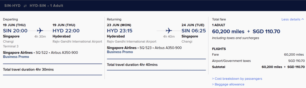 HYD-SIN Business Class 60200 Round Trip KrisFlyer Spontaneous Escapes