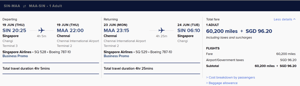 MAA-SIN Business Class 60200 Round Trip KrisFlyer Spontaneous Escapes