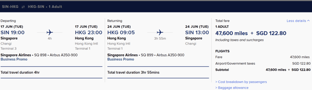SIN-HKG [Business Class in 48K Miles]