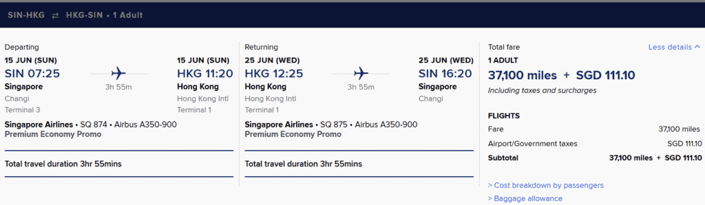 HKG-SIN [Round Trip Premium Economy in 37K Miles]