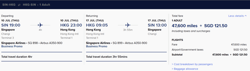SIN-HKG [Business Class in 48K Miles]