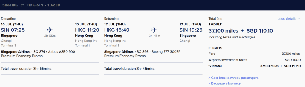 SIN-HKG [Premium Economy in 37K Miles] for Round Trip