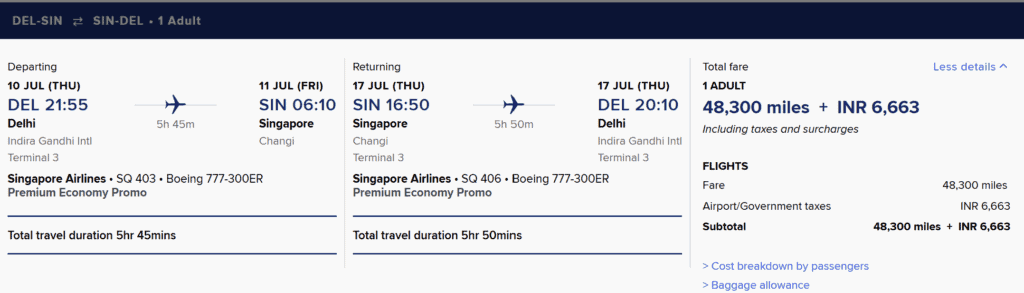 DEL-SIN Premium Economy 48300 Round Trip KrisFlyer Spontaneous Escapes