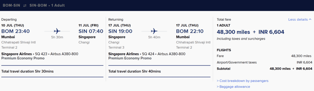 BOM-SIN Premium Economy 48300 Round Trip KrisFlyer Spontaneous Escapes
