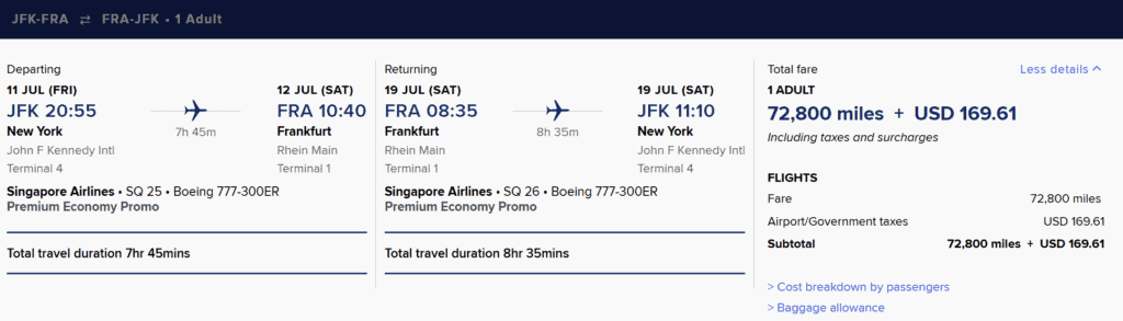 JFK-FRA [Premium Economy in 73K Miles] for Round Trip