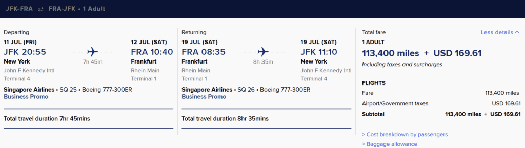 JFK-FRA [Business Class in 113K Miles] for Round Trip